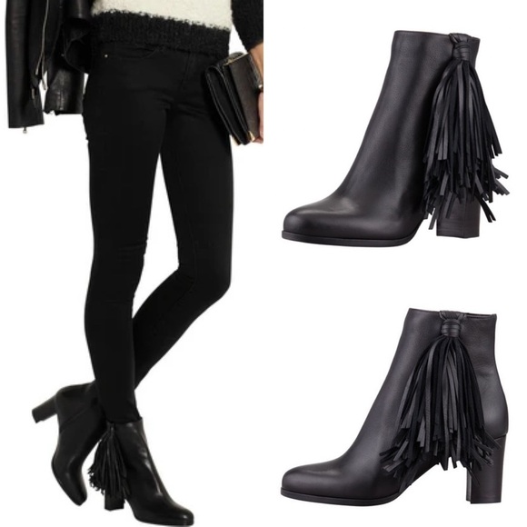 Christian Louboutin Jimmynetta Black Calfskin Leather Fringe Ankle Chelsea Boot